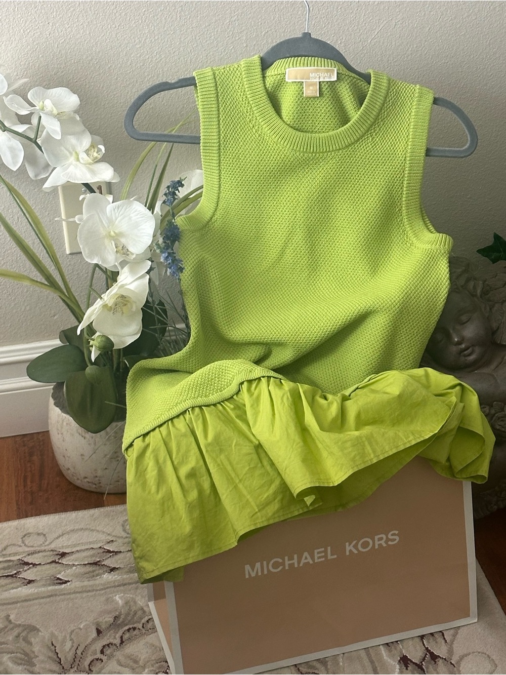 Michael Kors Dress Womens NWT Lime Green Ruffle Knit Sleeveless Mini Size M